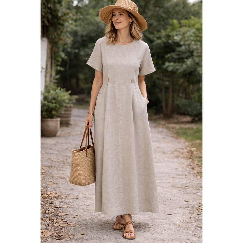 Vintage FLAX Linen Dress L Women's Natural Beige Short Sleeve Pockets Large FLAX